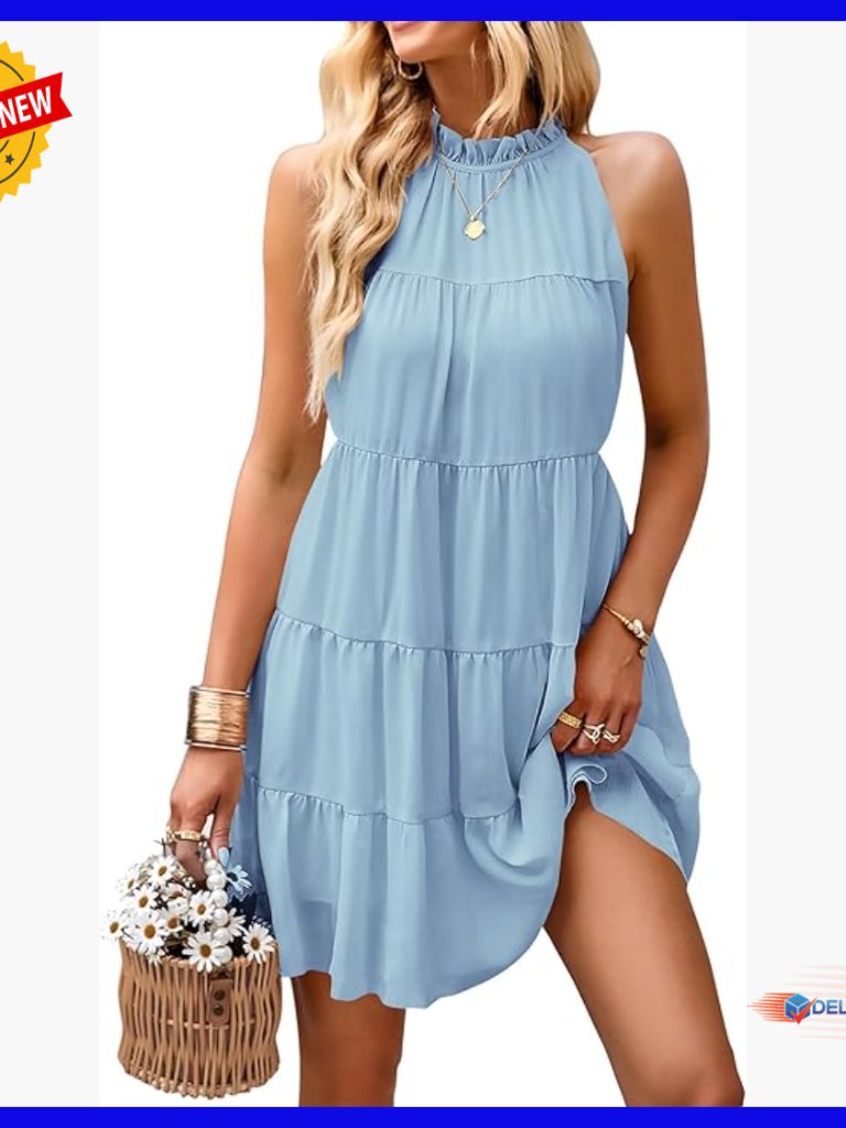 Halter Babydoll Sundress Tiered Pleated Flowy Casual Mini Dress